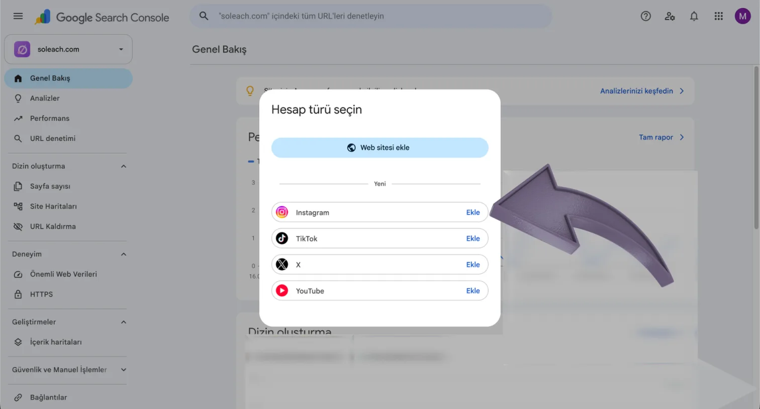 "Hesap türü seçin" penceresi; Web sitesi ekle butonunun altında Instagram, TikTok, X ve YouTube satırları listeleniyor. Instagram satırının sağındaki "Ekle" bağlantısı okla işaretlenmiş.